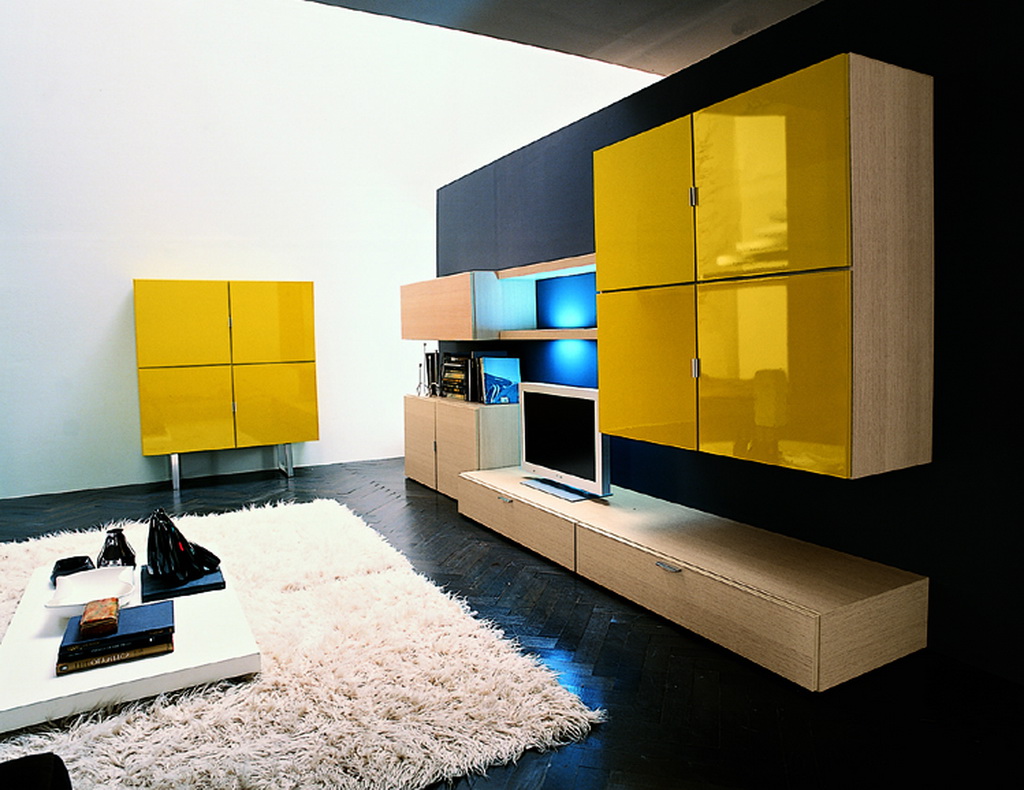 modern living room with yellow cabinets, Archi-living.com