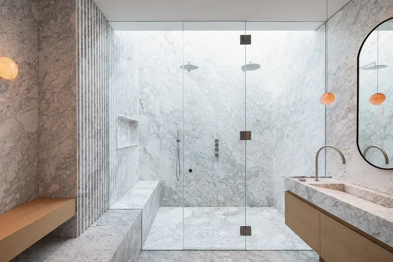 marble and wood bathroom with walk-in shower, Archi-living.com