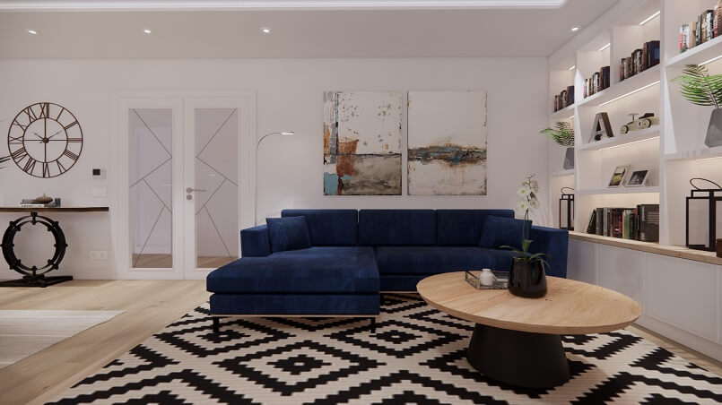Contemporary Living Room Design with Blue Corner Sofa and Home Library,A N E R A interior design brand,Archi-living.com