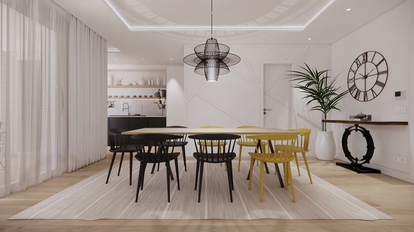 Trendy Dining Room with Chairs in Different Color and Artistic Pendant Light,Designed by Croatian Interior Designer Anera Tolić