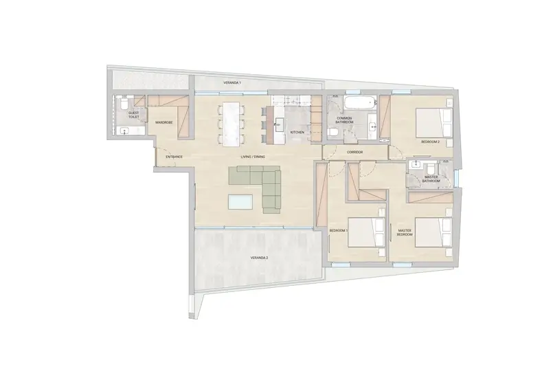 Three-Bedroom Apartment Layout by Otomi Studio, Archi-living.com
