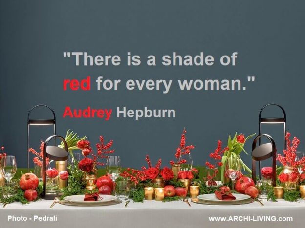 audrey hepburn quotes,red color quotes by famous actresses,creative colour quote,festive table decoration ideas,red green gold holiday table settings,