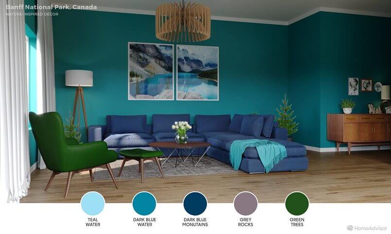 blue and green living room decorating ideas,blue couch green walls,nature inspiration living room colour scheme,cold color palette living room,living room wall color ideas,