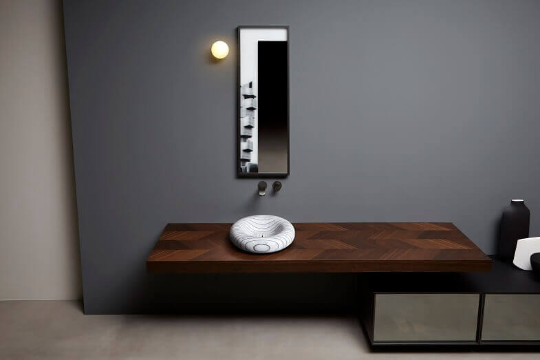 striped washbasin design,designer bathroom sink marble,stone wash basin on wood base,carrara marble luxury in bathroom,best italian bathroom brands,
