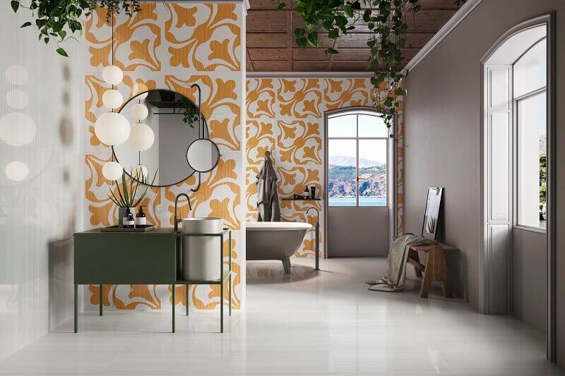 mediterranean interior decor,yellow and white bathroom tiles,yellow and white wall tiles,porcelain tiles bathroom design,porcelain wall tiles for bathroom,