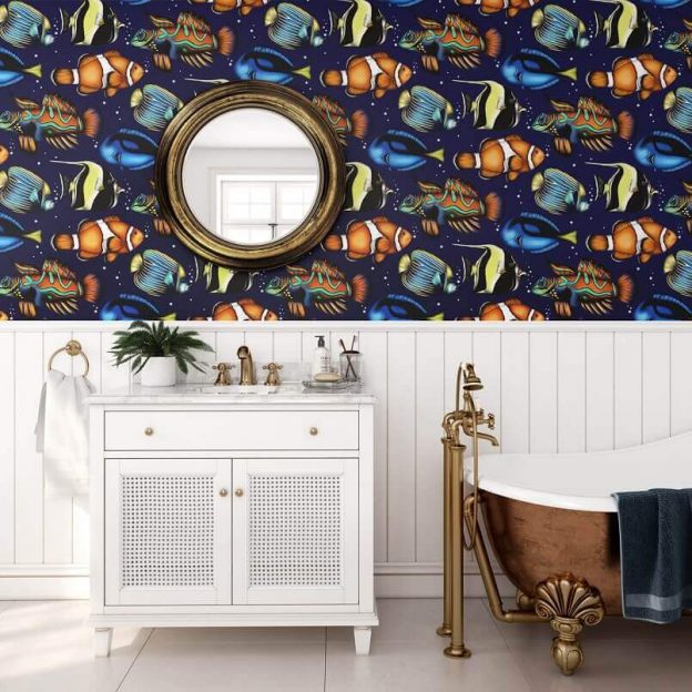 tropical decorations for home,tropical fish wallpaper décor,white bathroom furniture ideas,wallpaper for the bathroom,orange and blue tropical fish decoration ideas,