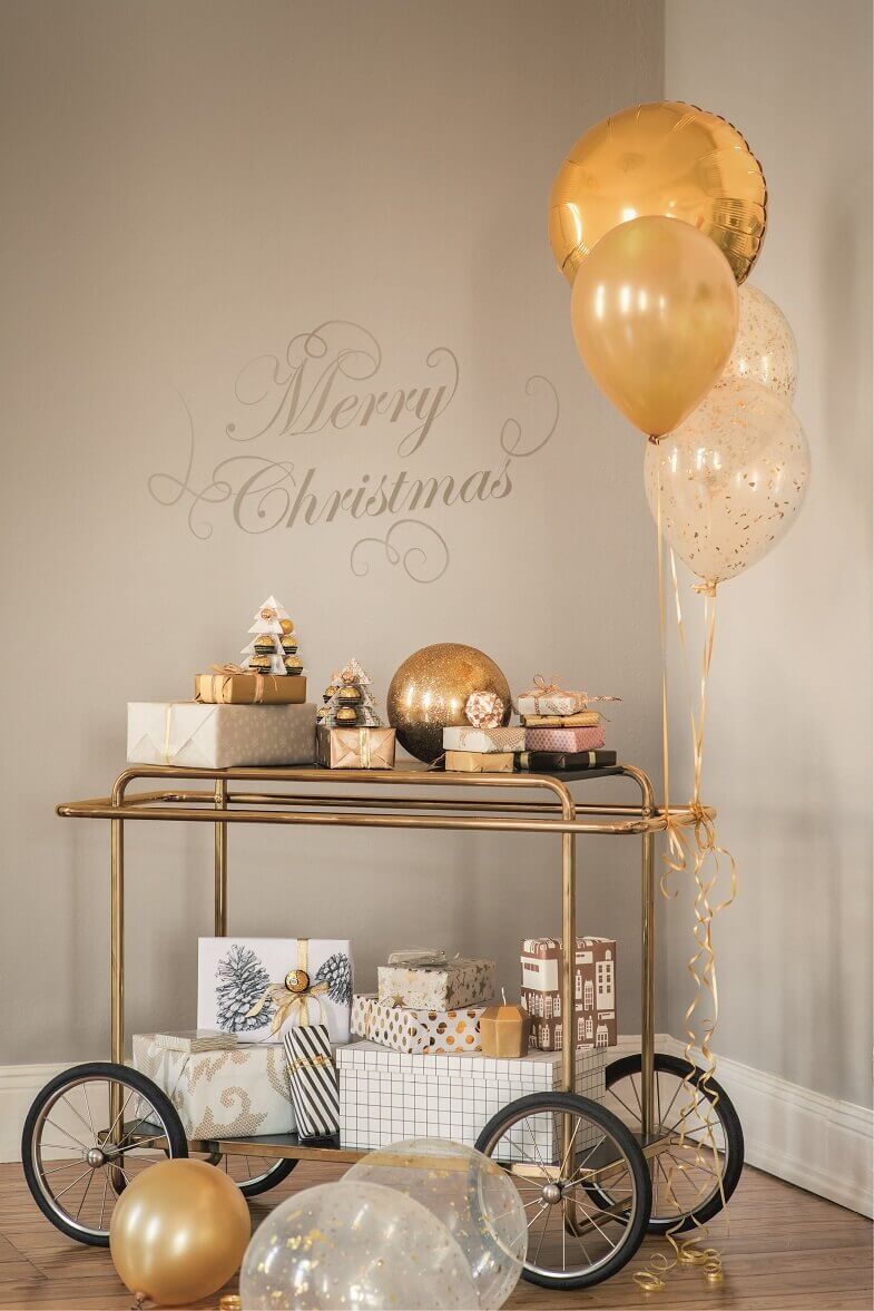 gold white Christmas ornaments,balloons for holiday decorations,luxury holiday decor for living room,creative gift ideas for friends,gift box as holiday decorations,