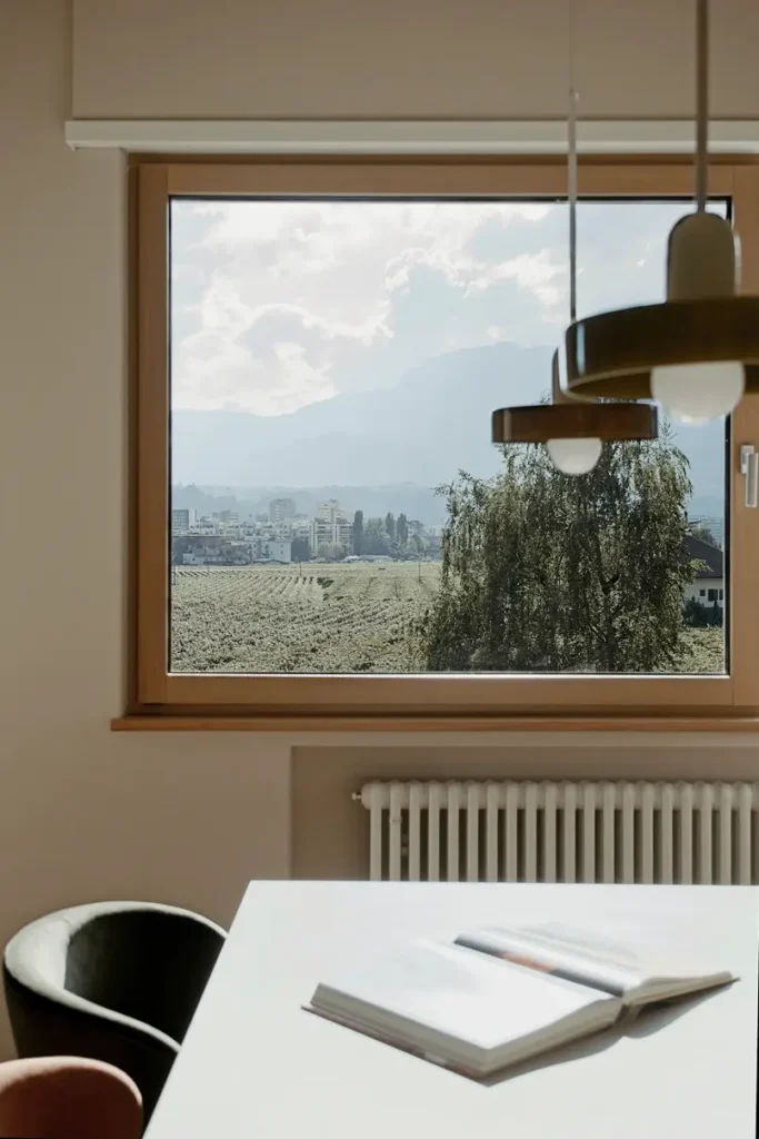 dining room and window with a beautiful view of the vineyards of Bolzano