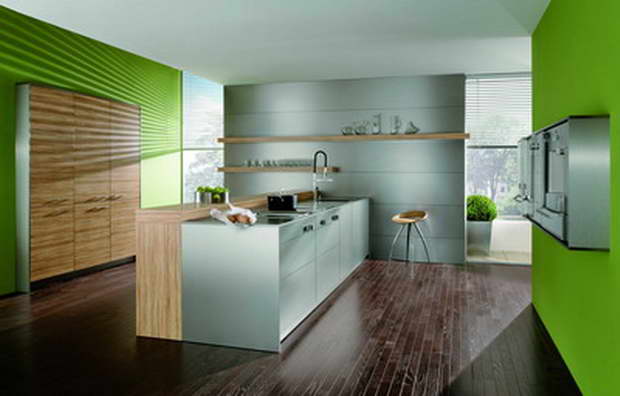 modern kitchen with island,wooden kitchen cabinets,green walls in the kitchen,contemporary kitchen design ideas,tall kitchen wall cabinets,