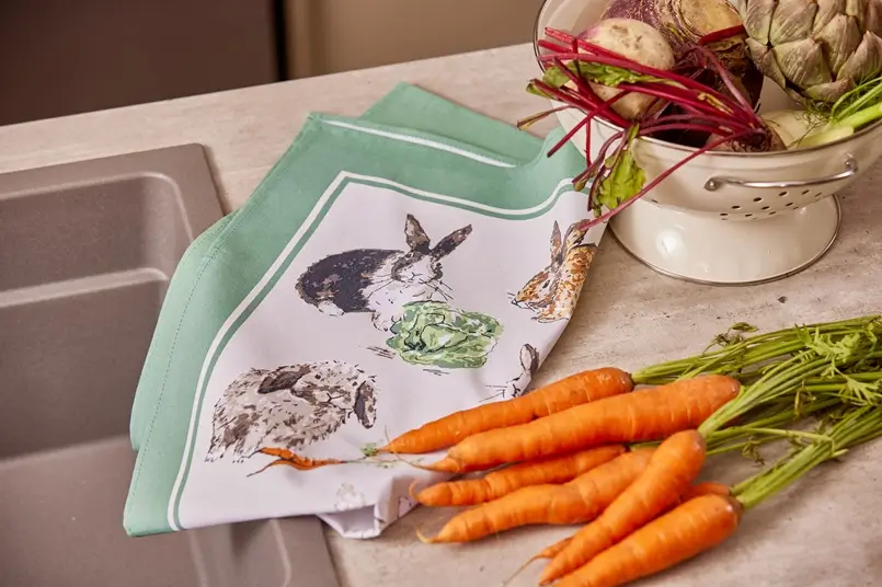 Cotton tea towel features gorgeous bunnies with cabbages and carrots around them, Archi-living.com, Home Landing, Design by Ulster Weavers