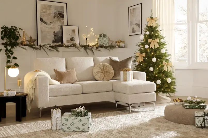 Holiday Decor in White and Gold, Living Room in Neutral Tones