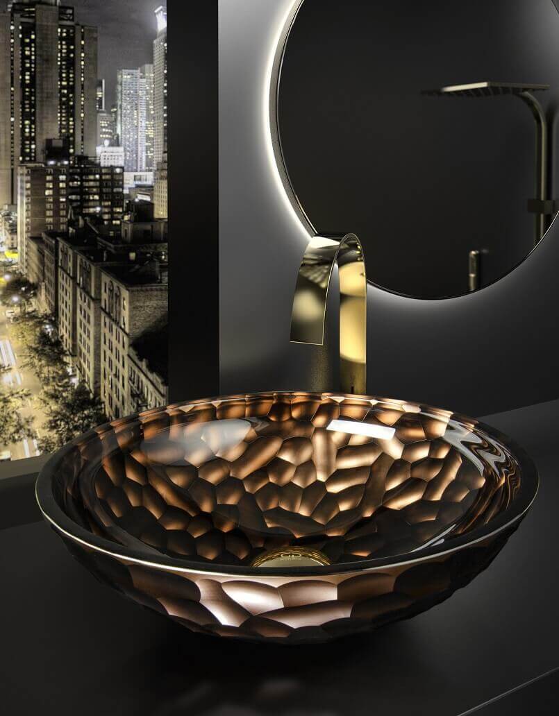 designer bathroom sink from glass,italian bathroom design brands,golden colour wash basin,luxury bathroom design modern,innovative washbasin design,