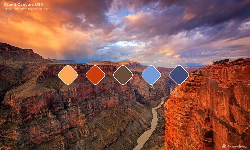grand canyon color scheme,living room inspired by nature,grand canyon color palette,nature colors grand canyon,orange and blue living room ideas,