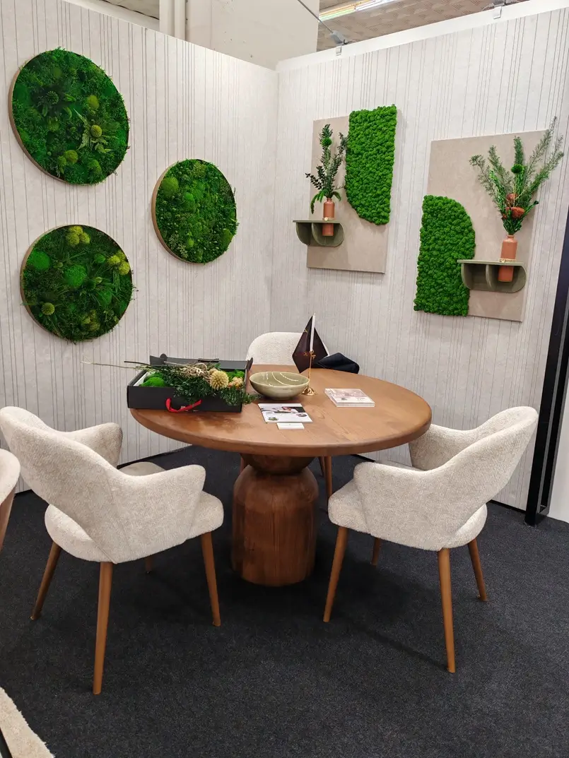 wood and fabric dining furniture, artistic plant wall decor, Green Living Design and Fabriqa, Archi-living.com