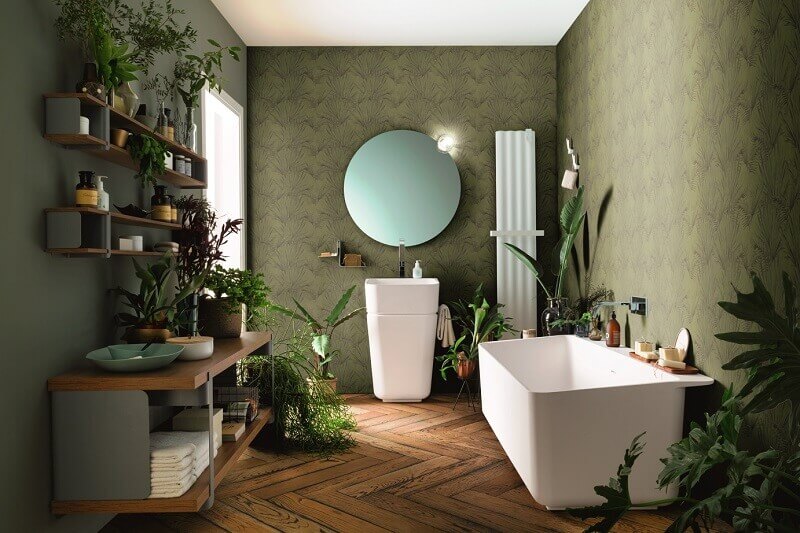 green color bathroom design,potted plants bathroom,interior decorating theme green,greenery in bathroom,green and white interior design,