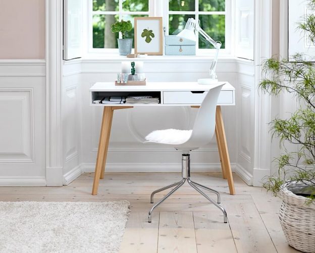 how to design home office space,white work desk with drawers,white desk with wooden legs,home office ideas for small spaces,home office with white desk,