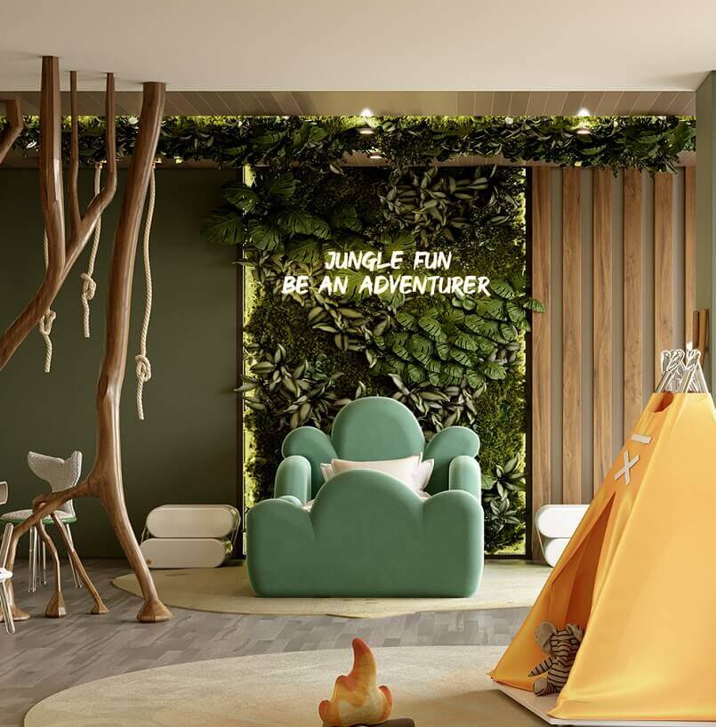 jungle theme bedroom décor,jungle inspired kids room décor,tropical bedroom interior design,teepee childrens room,wallpaper greenery bedroom ideas,