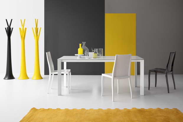 aluminum and glass table design,white dining room table,white and yellow dining room decor,