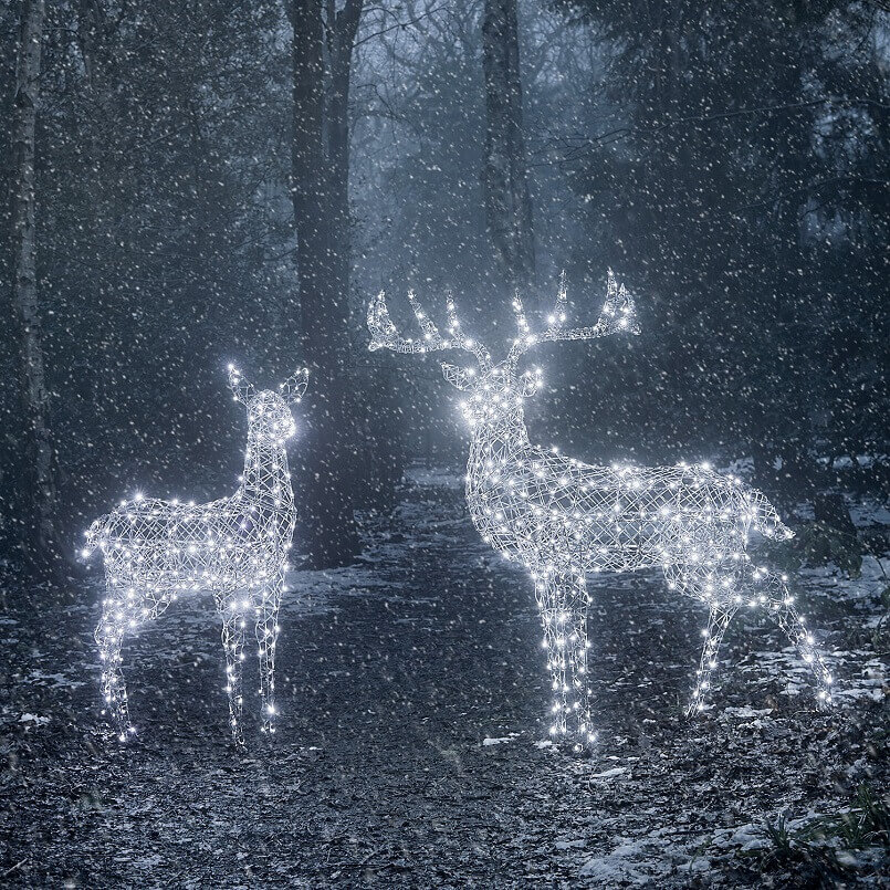 winter outdoor lighting ideas,illuminated stag and doe garden,festive lighting figures ideas,