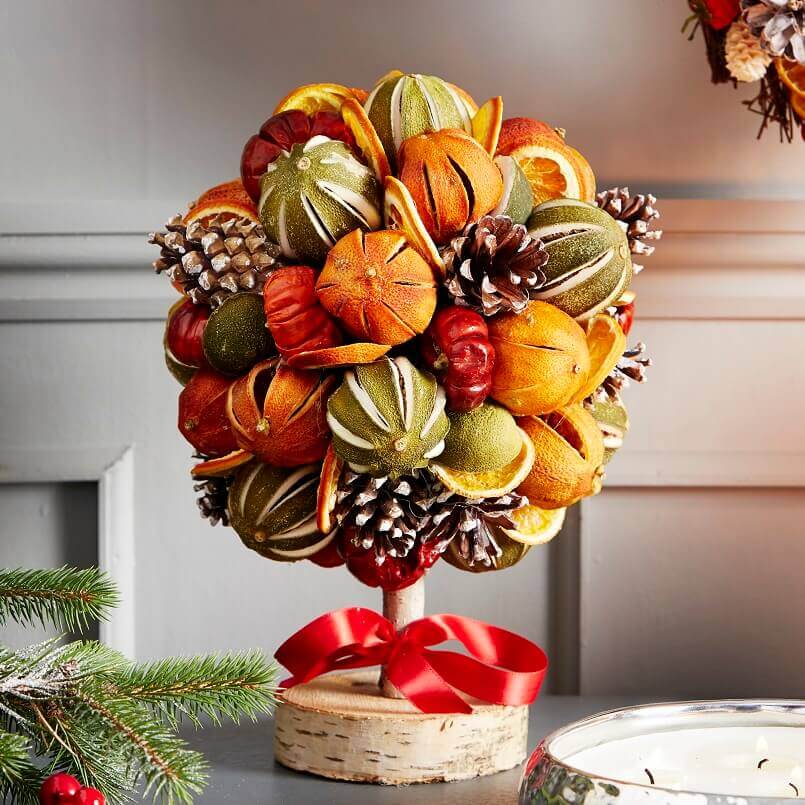 festive table centerpiece,fruit tree table decorations,table centerpiece made of fruit,holiday table decorations,colorful dining room décor,
