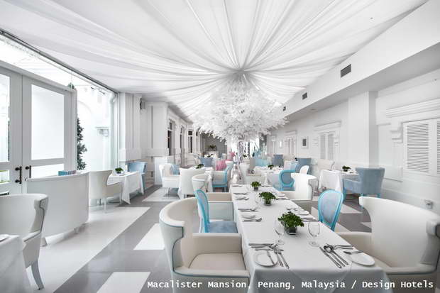 Macalister Mansion Penang,Malaysia,hospitality design,hospitality,hotel design,design hotels,hotels,white dining room,dining room design,dining room furniture,luxury dining room design,luxury dining room,table design ideas,dining chairs,dining furniture,dining room,dining table,luxury dining tables,restaurants,restaurant design,white color,blue color,