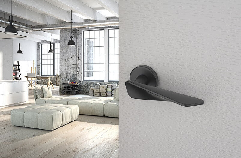 industrial style living room ideas,handles inspired by architecture,italian brand handles,black door handle white door,white and black living room decor,