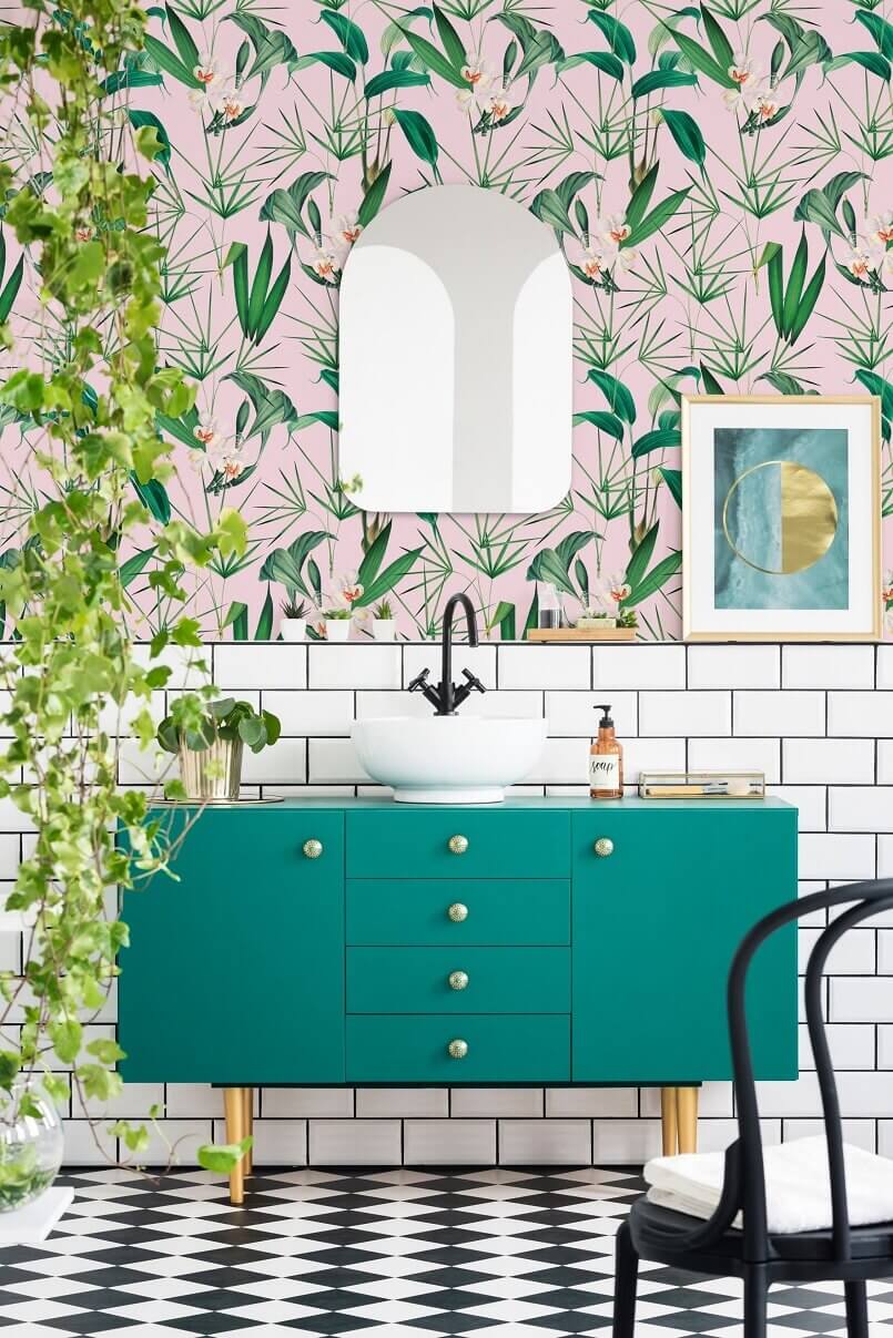 wallpaper for the bathroom,tropical theme wallpaper décor,greenery bathroom ideas,
