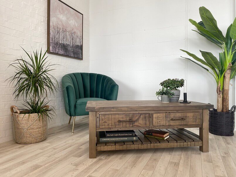 coffee table made from reclaimed wood,green plants for living room,furniture made of reclaimed wood,home decor green colour,eco friendly coffee table,