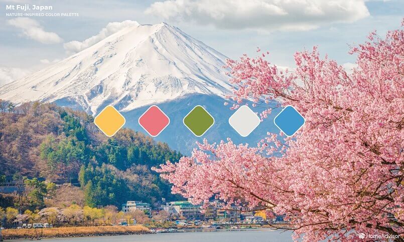 pink and blue living room décor,pastel color combination for living room,mount fuji and cherry blossom,mount fuji color palette,blue pink white color palette,