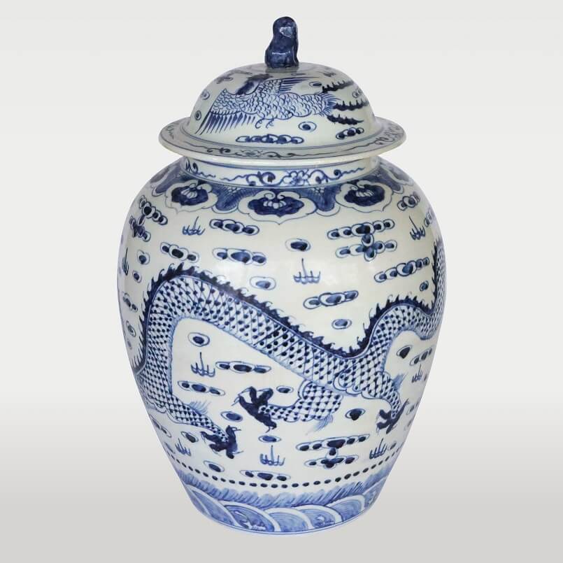 chinese style pottery,painted dragon jar,white and blue jar oriental style,asian pottery blue and white,archi-living.com