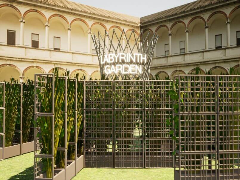 labyrinth garden design,innovative garden design,outdoor furniture made of recycled plastic,outdoor modular partition made of recycled plastic,fuorisalone milano 2022,