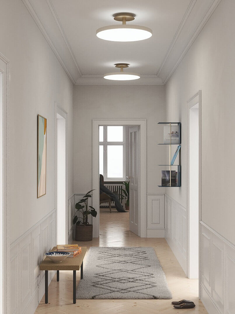 eclectic style interior design,bench in the hallway,ceiling lamp led round,hallway neutral colours,ethnic chic decor,