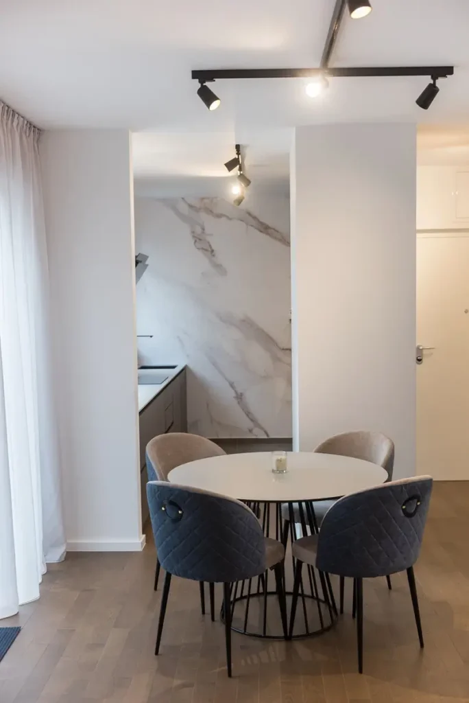 contemporary dining room and kitchen design, apartment in Zagreb