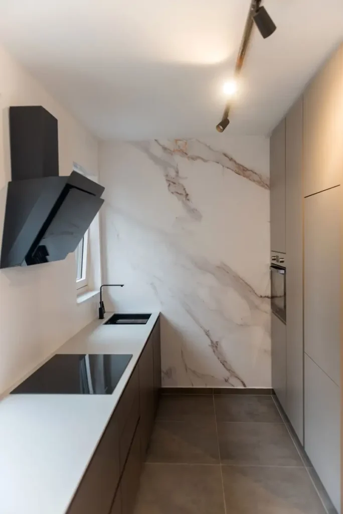 kitchen design in Zagreb by Croatian architect Fani Car, Marble wallpaper by Josipa Maras