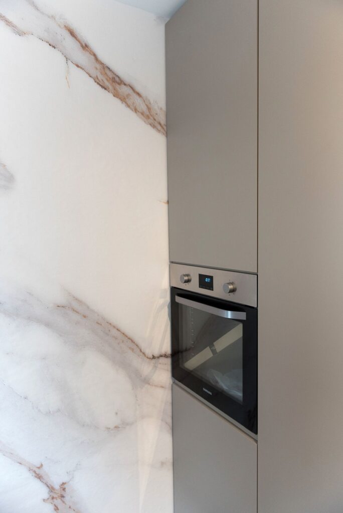 kitchen design in Zagreb by Croatian architect Fani Car, Marble wallpaper by Josipa Maras