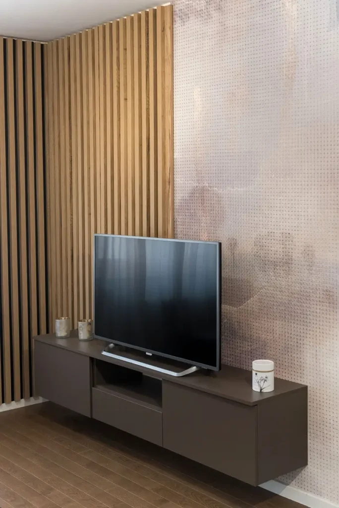 living room design by Croatian architect Fani Car, Landscape linen wallpaper by Josipa Maras