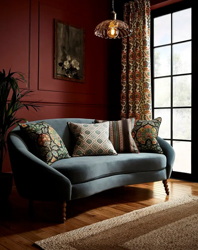blue sofa with colorful decorative cushions, red walls in living room design, archi-living.com