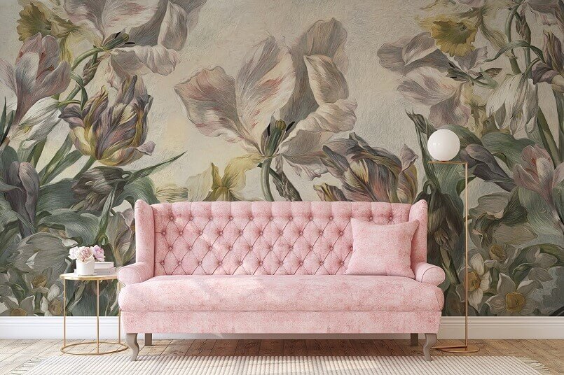 pink sofa in the living room,floral wallpaper for living room,ukrainian artists wallpapers for home,colorful spring wall decoration ideas,archi-living.com,