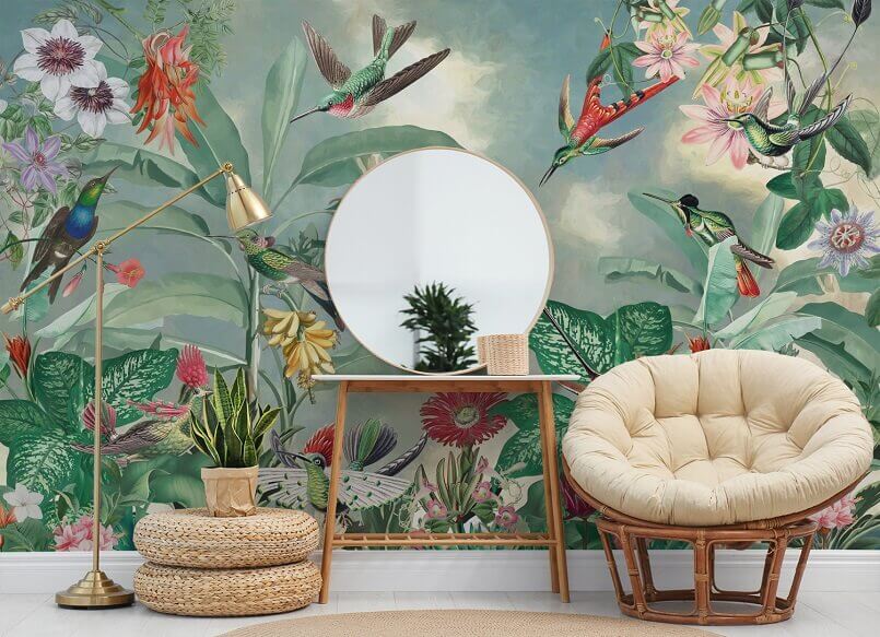 wallpaper design inspired by nature,ukrainian artists wallpapers for home,colorful spring wall decoration ideas,floral wallpaper for living room,green color living room ideas,