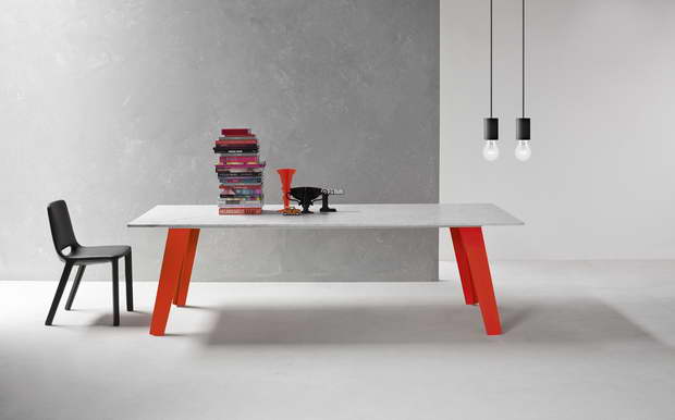 red and gray dining table ideas,dining table with red legs,steel and glass dining furniture,