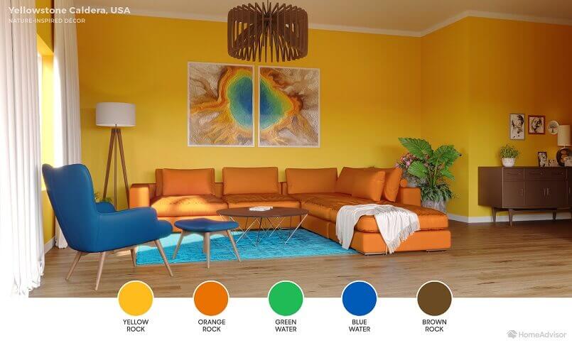 orange sofa yellow wall color,blue rug orange sofa,orange yellow and blue color scheme,nature inspiration color palettes,complementary color in living room,