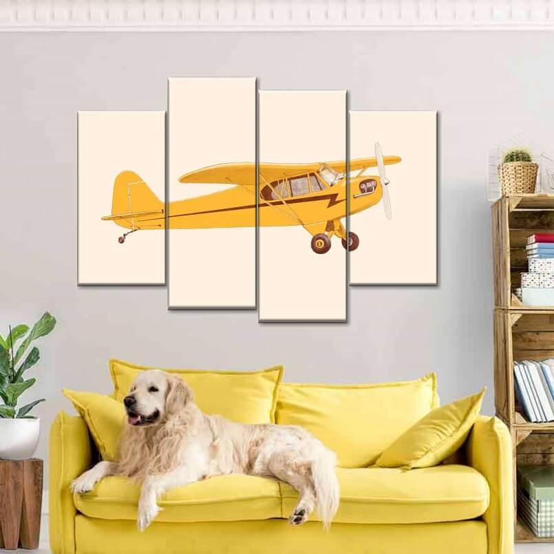 yellow airplane image for wall art,sky travel wall decor theme,multi panel wall décor,aviation decor ideas,wall decor travel theme,