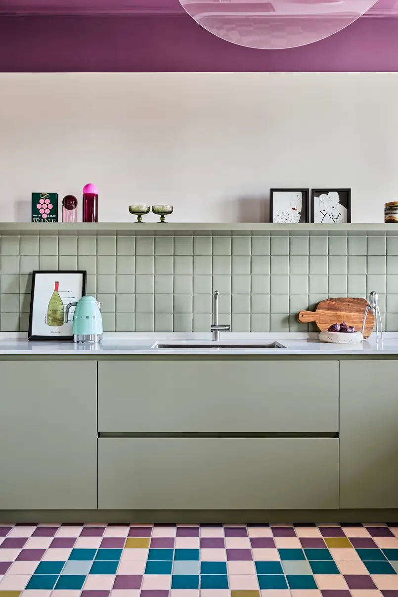 sage colored kitchen design with purple ceiling, archi-living.com