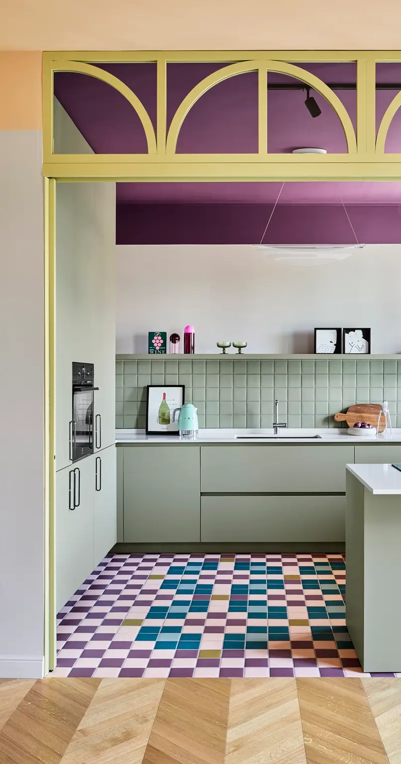 yellow glass door with arches as the entrance to the green kitchen with a purple ceiling, archi-living.com