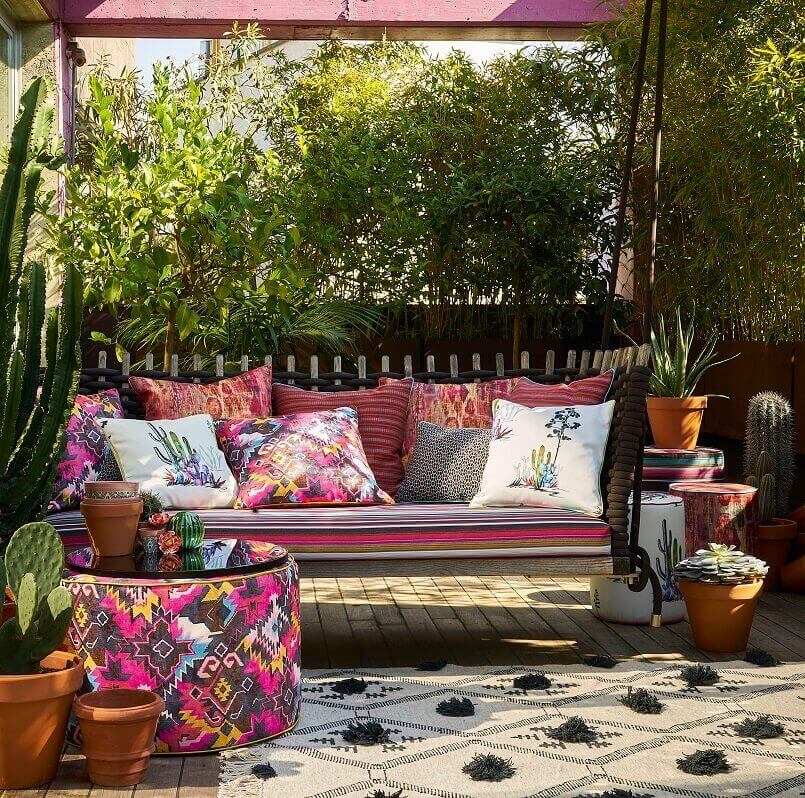 terrace decoration ideas,yellow in garden decorations,yellow colour combination for living room,yellow pink red decorating ideas,decorator outdoor fabric,
