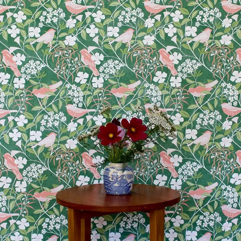 green pink and white wallpaper with birds in the forest, Fiona Howard Wallpapers, Archi-living.com