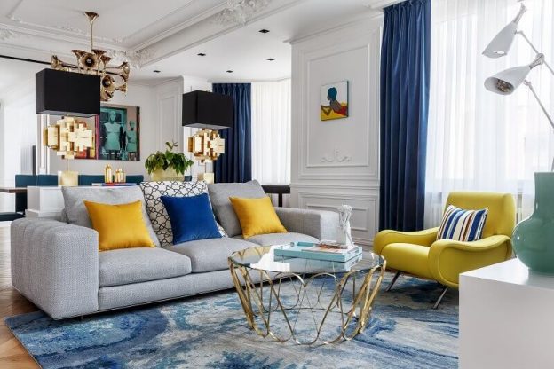 colorful living room decorations,living and dining room luxury design,moscow luxury apartment design,yellow modern armchair,coffee table inspired by jewellery,