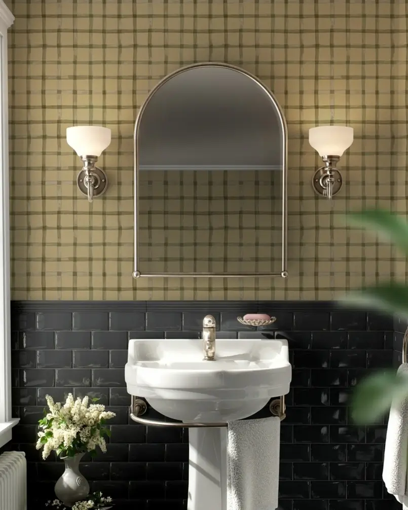 Earth-Toned Gingham Olive and Desert Wallpaper for Bathroom Decor, Archi-living.com, Photowall