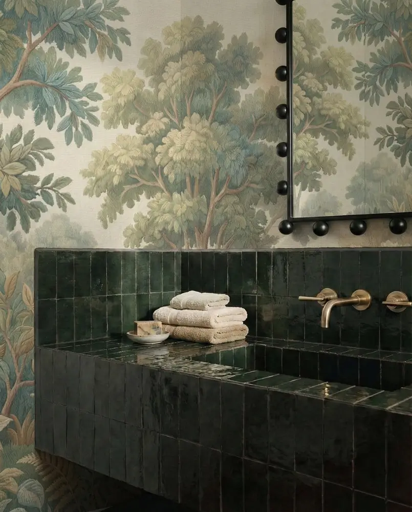 forest wallpaper in bathroom decor, Nature-Inspired Wallpapers Set the Staycation Mood, Archi-living.com
