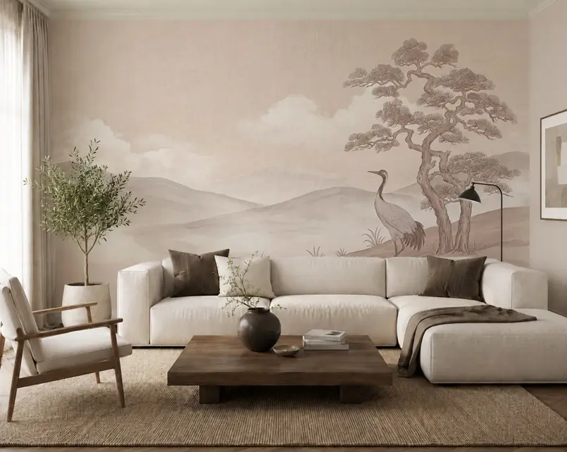 Japandi crane wallpaper for living room, Archi-living.com